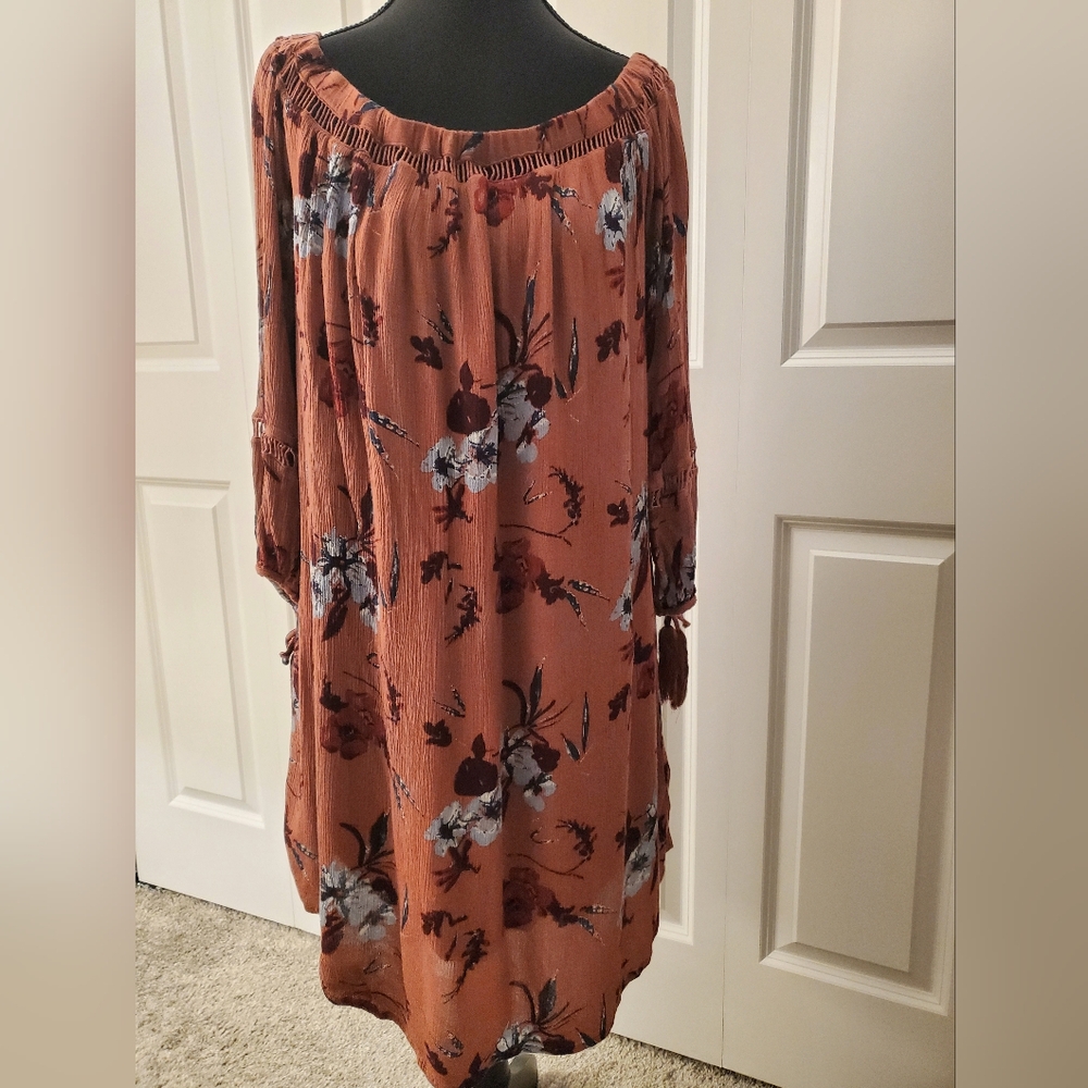 Skies Are Blue Brown and White Off the Shoulder Bishop Sleeve Sundress